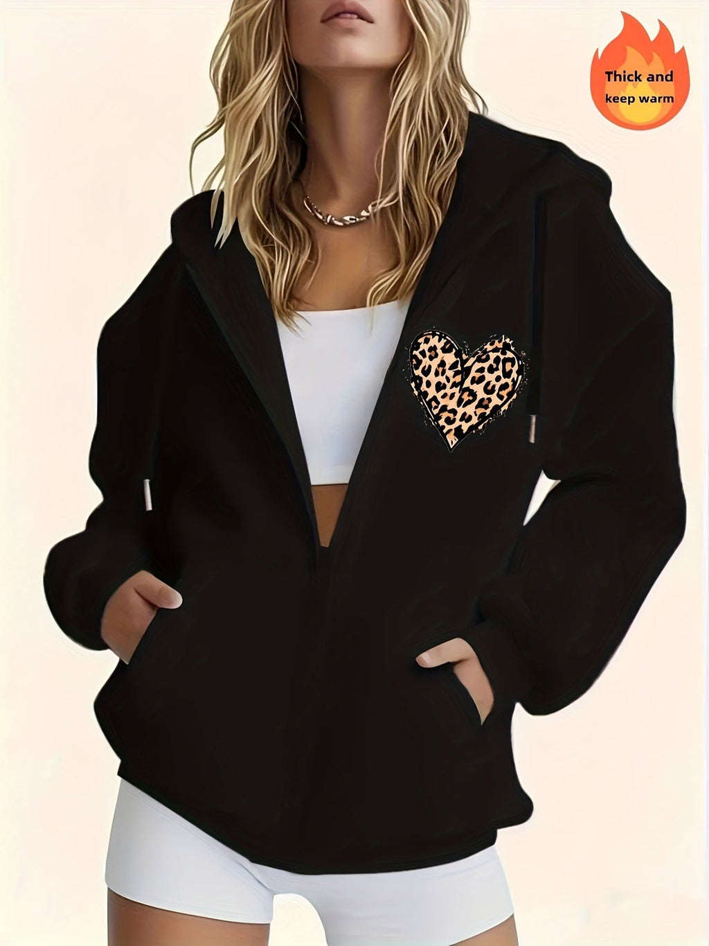 Women's Leopard Print Heart Zip-Up Hoodie - Cozy & Machine Washable   OAXG Black / M