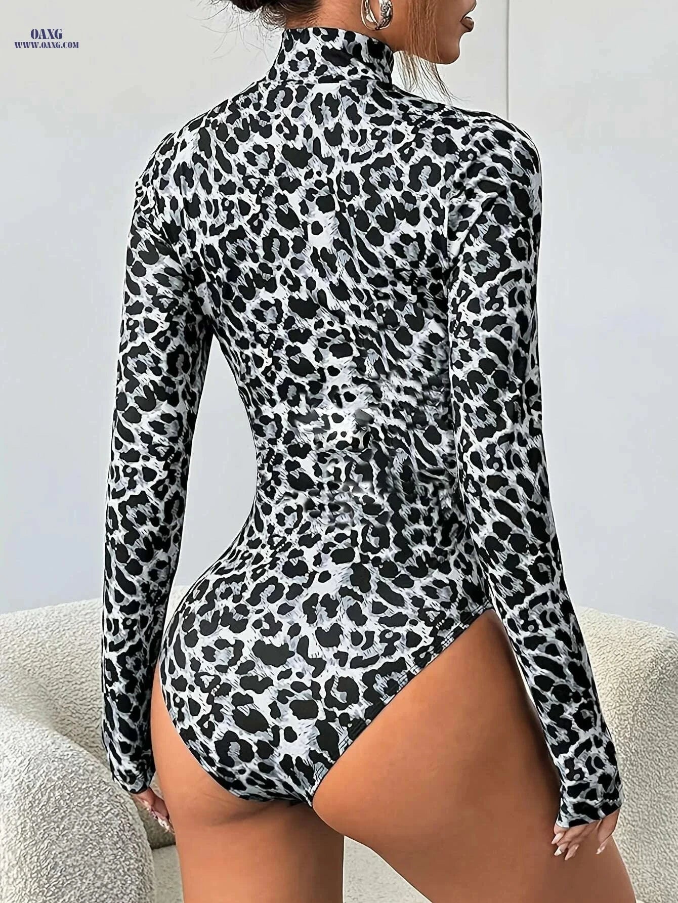 Women's Leopard Print Turtleneck Bodysuit - Y2K Style & Comfort   OAXG Apricot Leopard Print / S