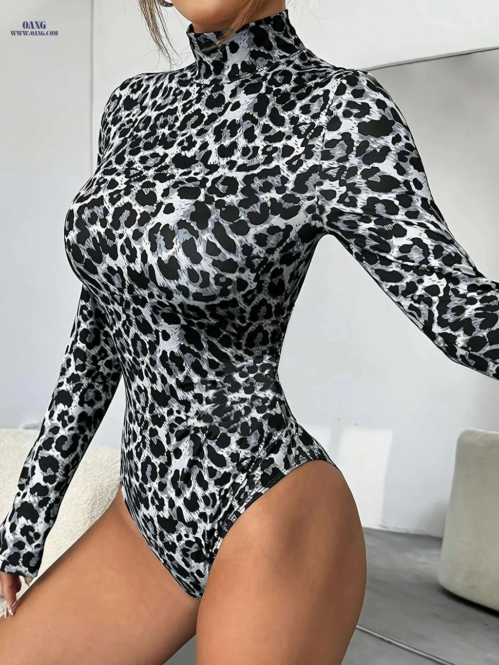Women's Leopard Print Turtleneck Bodysuit - Y2K Style & Comfort   OAXG Apricot Leopard Print / S