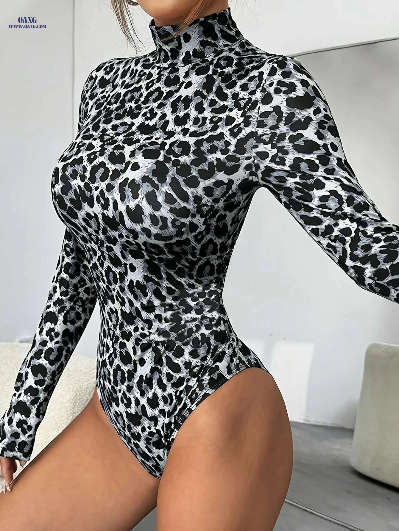 Women's Leopard Print Turtleneck Bodysuit - Y2K Style & Comfort   OAXG Apricot Leopard Print / S