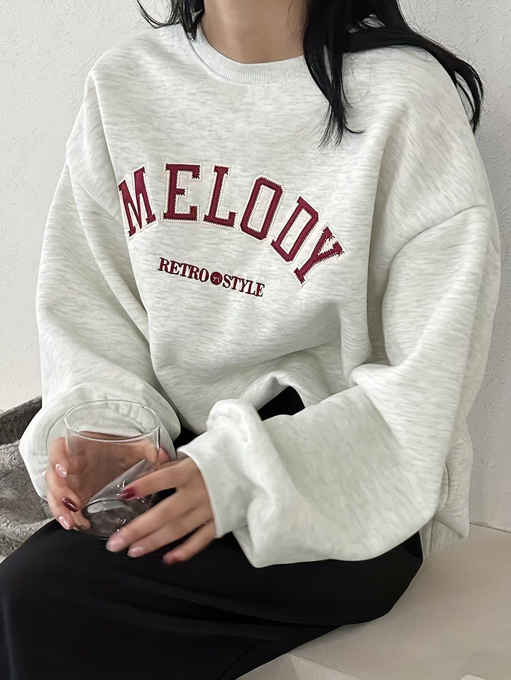 Women's Letter Print Loose Fit Crew Neck Long Sleeve Sweatshirt, Autumn/Winter Long Sleeve Top   OAXG Light Grey / S