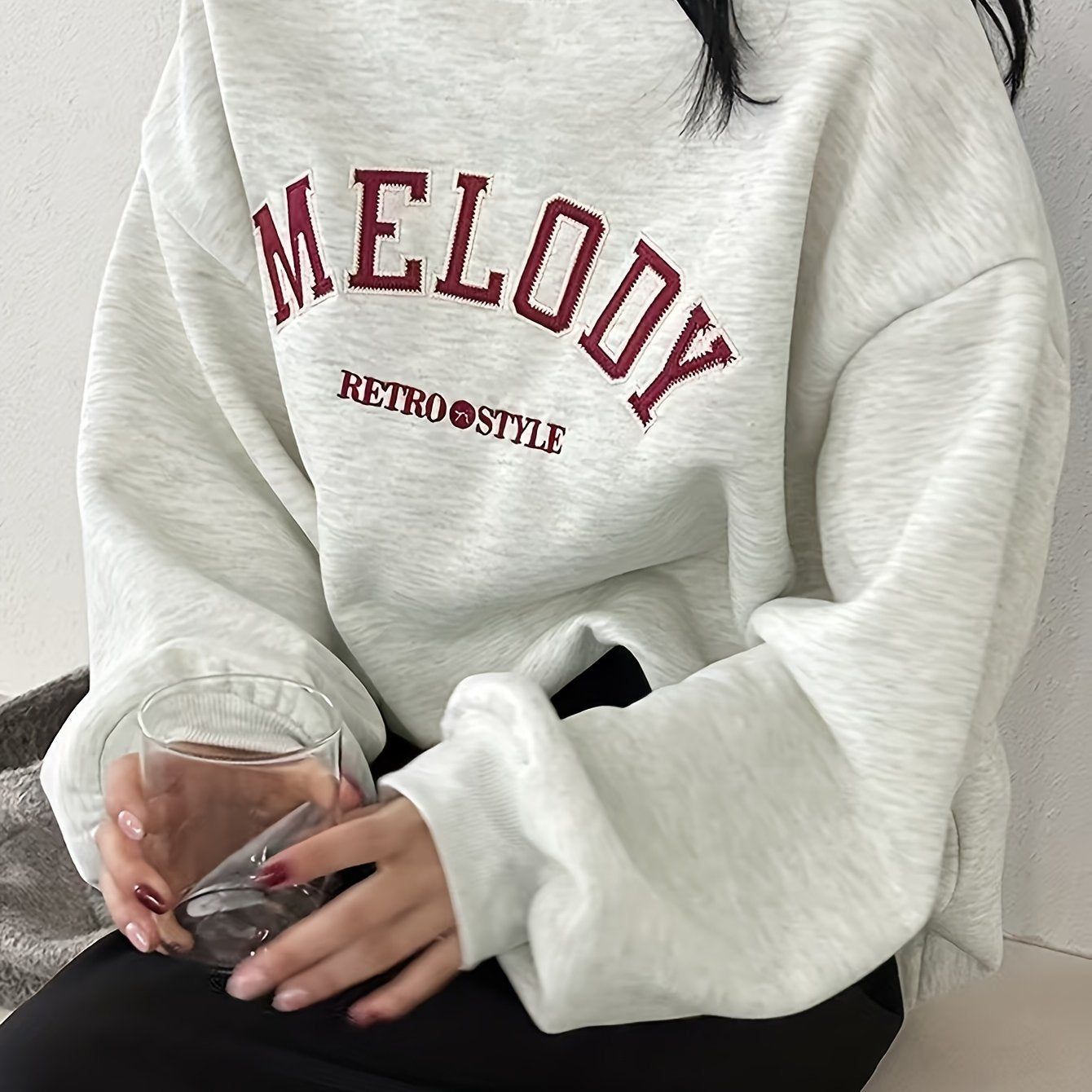 Women's Letter Print Loose Fit Crew Neck Long Sleeve Sweatshirt, Autumn/Winter Long Sleeve Top   OAXG Light Grey / S