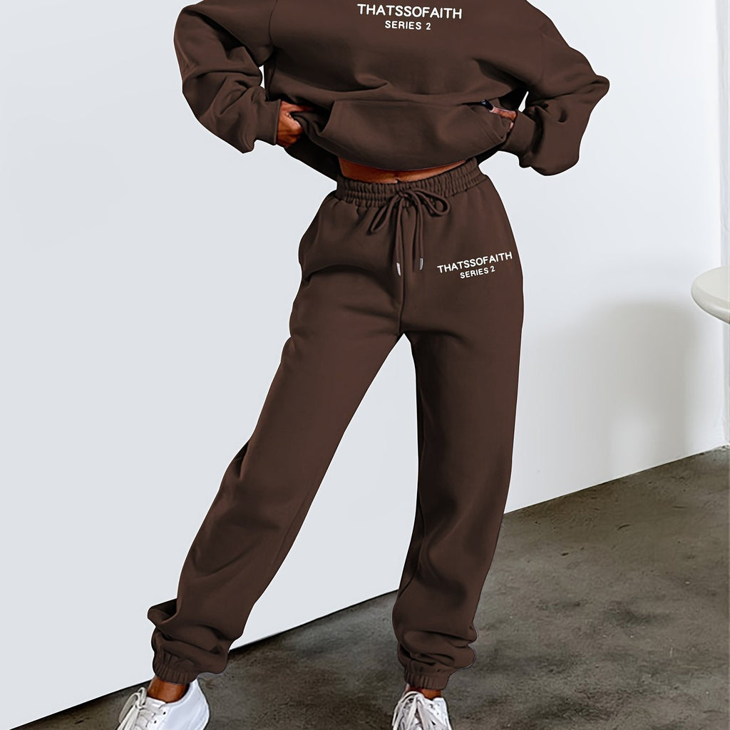 Women's Letter Print Sweatshirt & Long Pants Casual Outfit   OAXG Black / S
