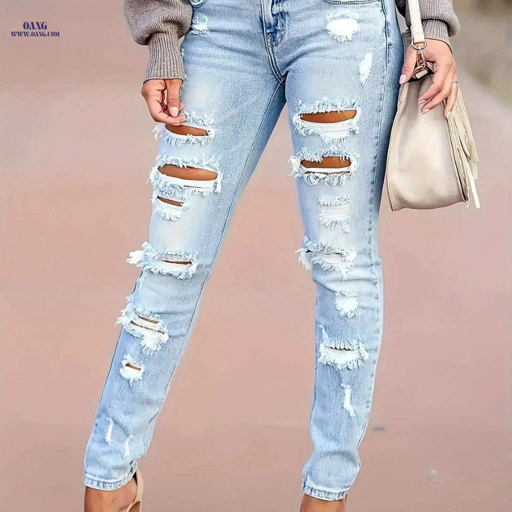 Women's Light Blue Fitted Trousers - High Stretch Skinny Denim   OAXG Light Blue / S