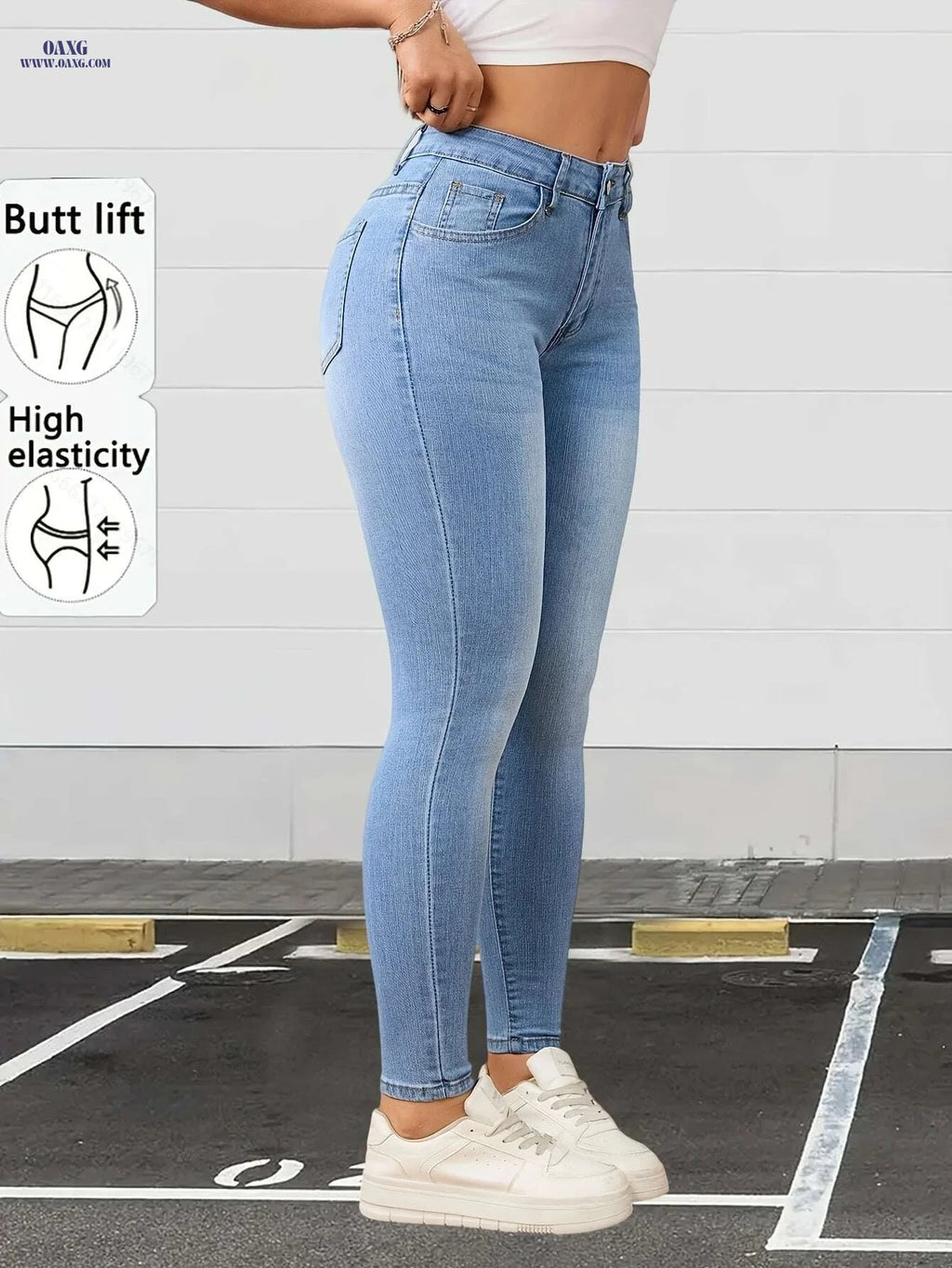 Women's Light Blue High-Waisted Stretch Denim Capri Pants - Slim Fit   OAXG 