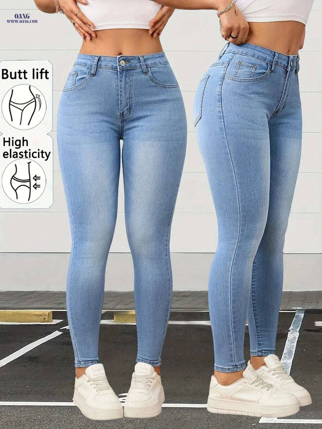 Women's Light Blue High-Waisted Stretch Denim Capri Pants - Slim Fit   OAXG Blue / XS