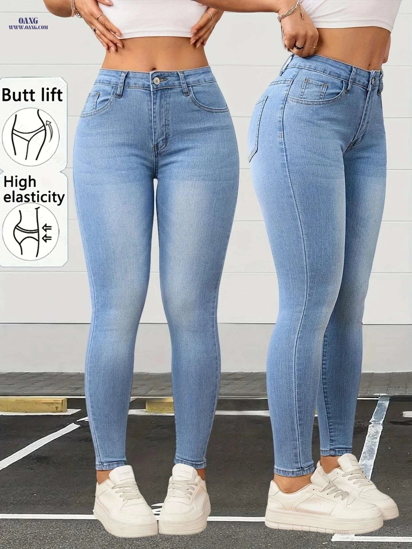 Women's Light Blue High-Waisted Stretch Denim Capri Pants - Slim Fit   OAXG Blue / XS