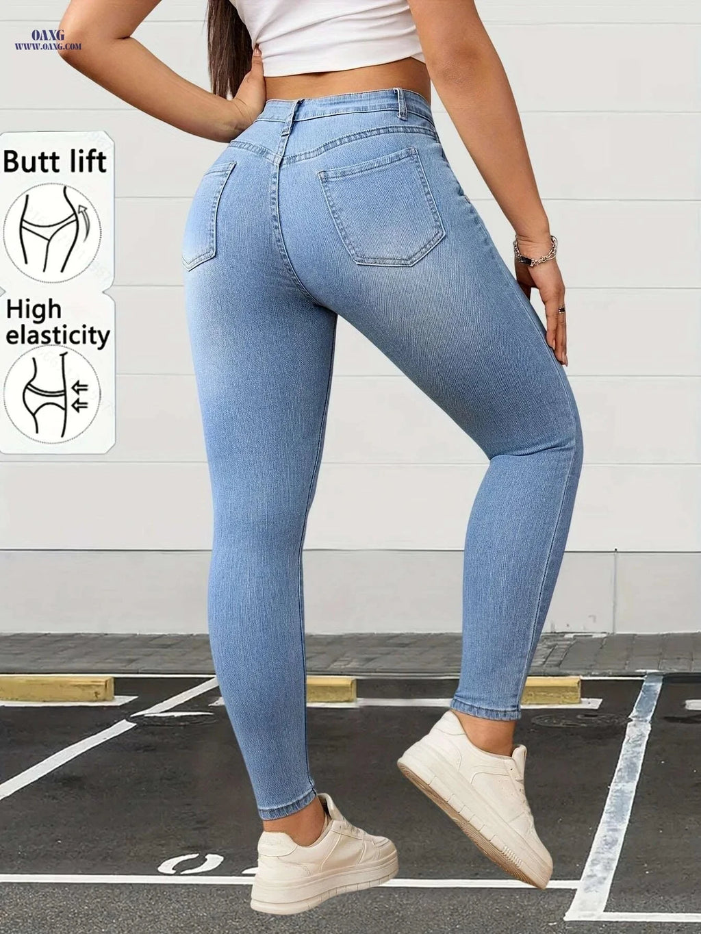 Women's Light Blue High-Waisted Stretch Denim Capri Pants - Slim Fit   OAXG Blue / XS