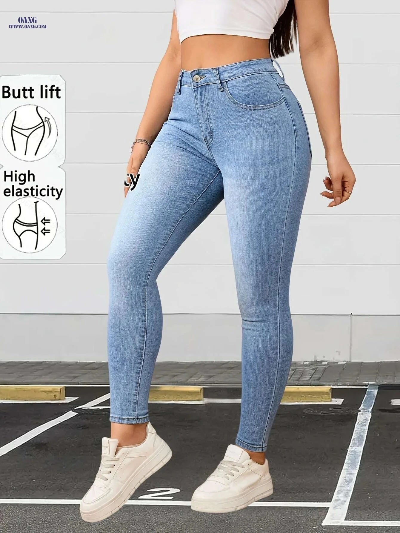 Women's Light Blue High-Waisted Stretch Denim Capri Pants - Slim Fit   OAXG Blue / XS