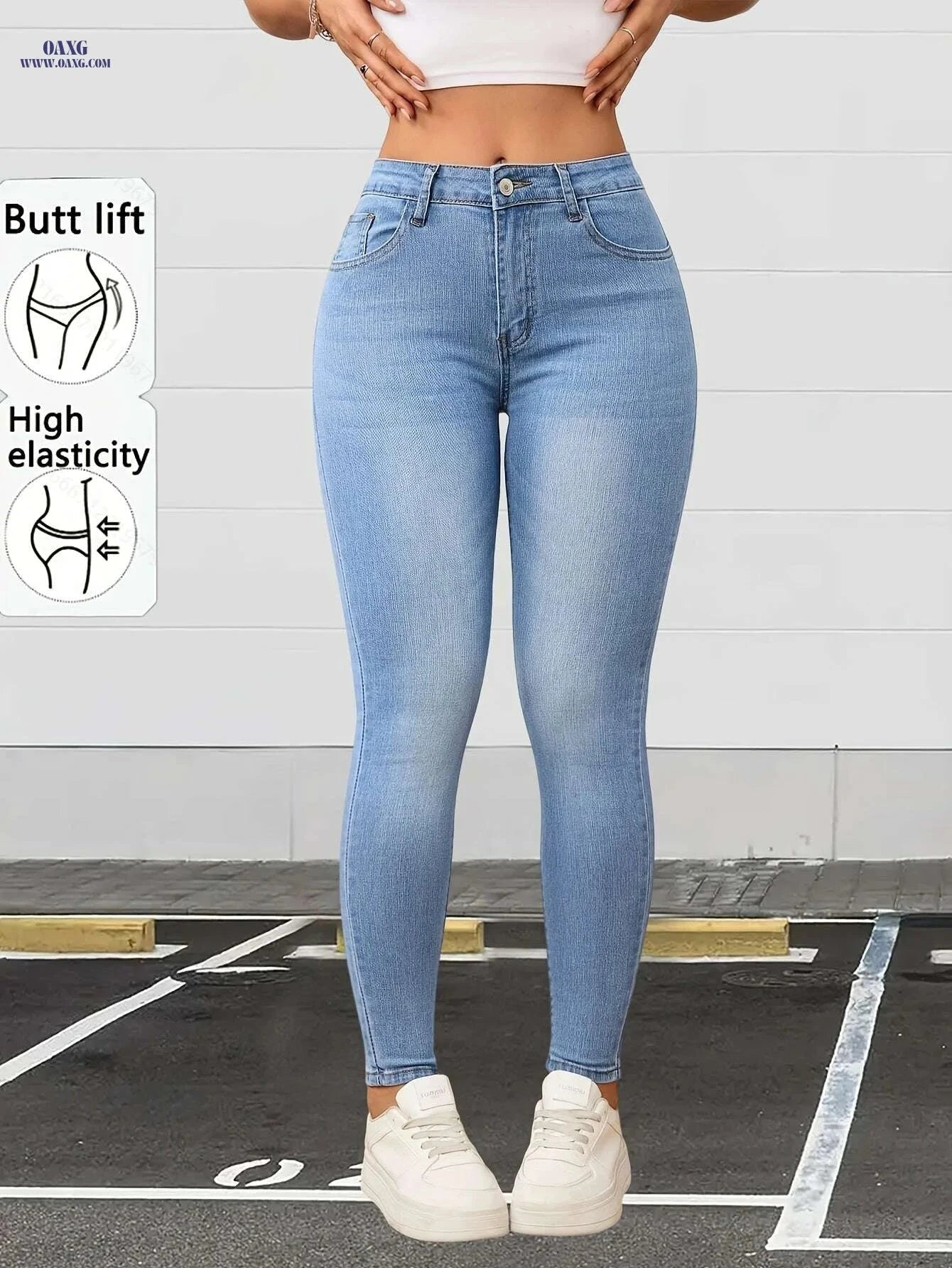 Women's Light Blue High-Waisted Stretch Denim Capri Pants - Slim Fit   OAXG Blue / XS