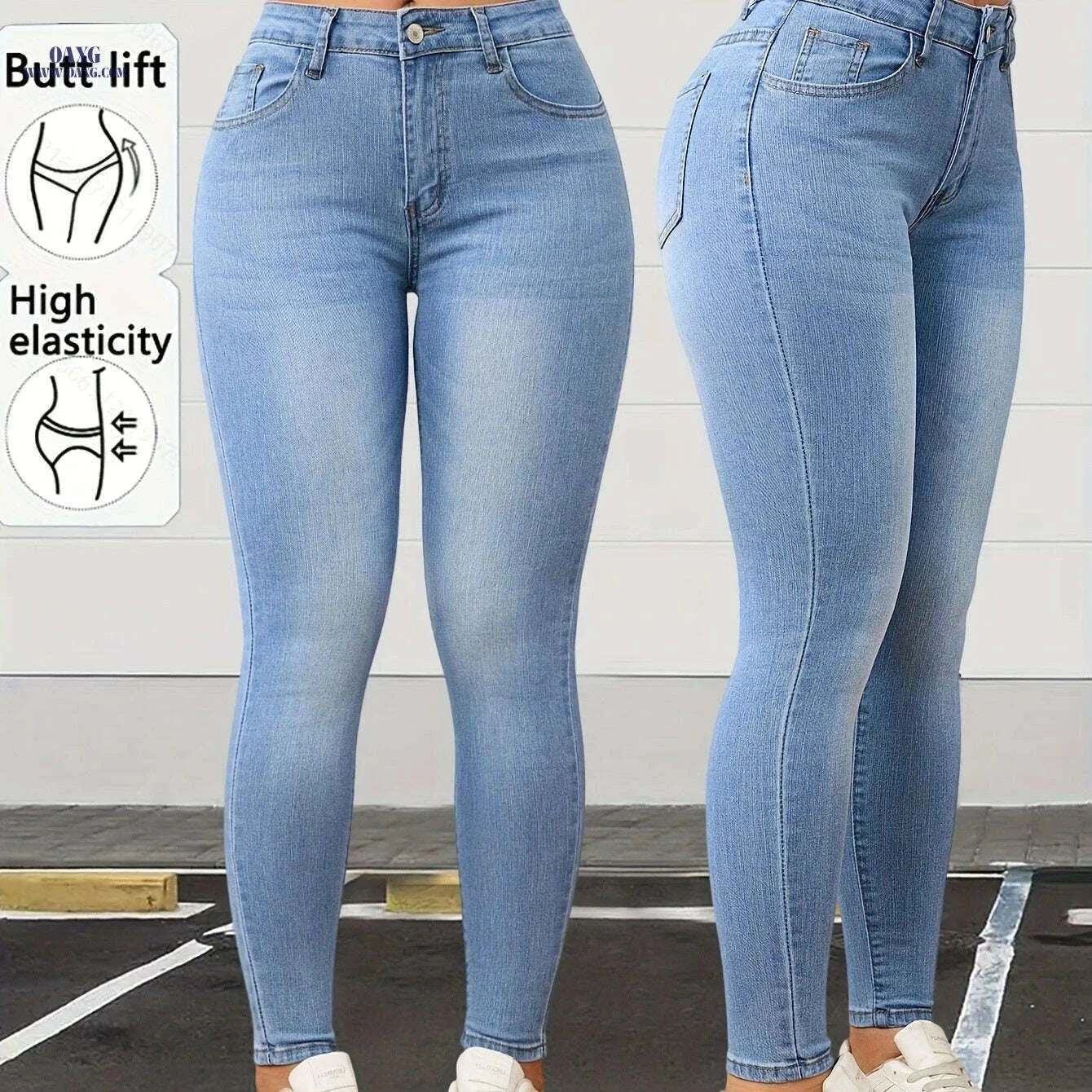 Women's Light Blue High-Waisted Stretch Denim Capri Pants - Slim Fit   OAXG 