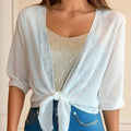 Women'S Lightweight Chiffon Shawl Jacket - V-Neck Short Sleeve Cardigan with Adjustable Tie Waist, Breathable Summer Dress Layering Piece for Casual & Formal Outfits, Casual Summer Wear | Vneck Cardigan | Chiffon Fabric   OAXG White / S