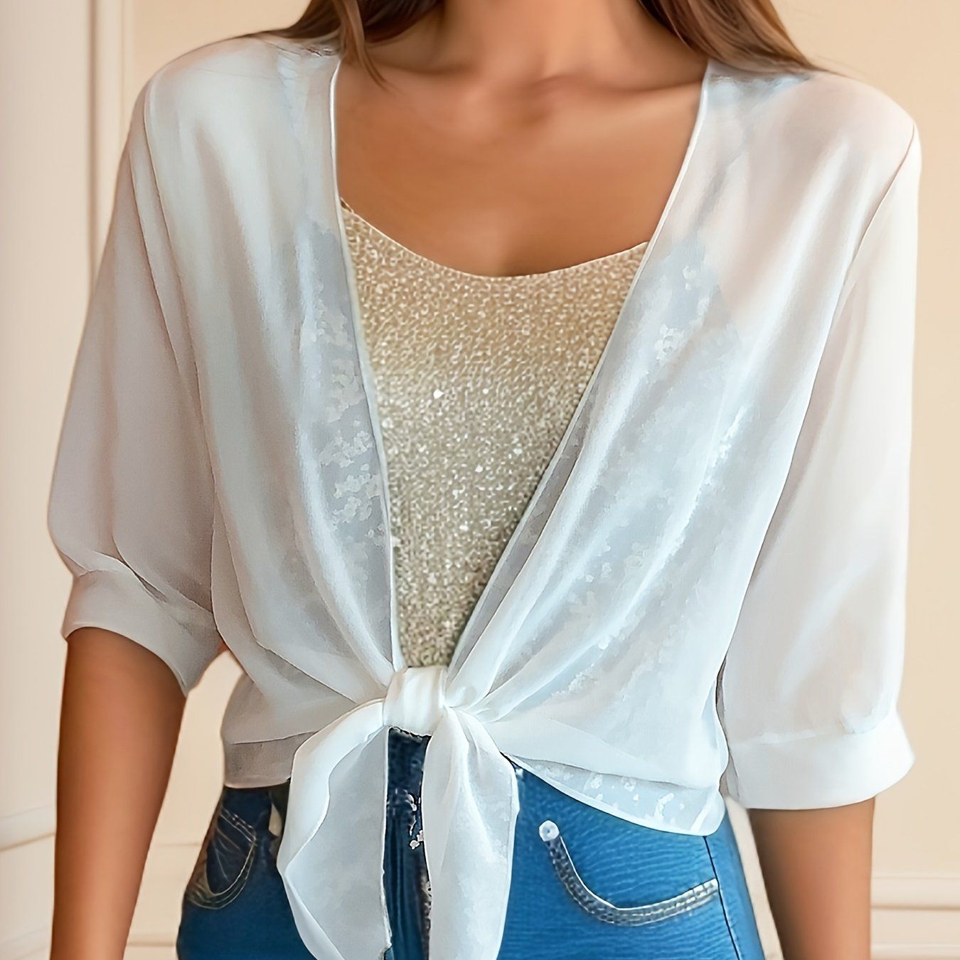Women'S Lightweight Chiffon Shawl Jacket - V-Neck Short Sleeve Cardigan with Adjustable Tie Waist, Breathable Summer Dress Layering Piece for Casual & Formal Outfits, Casual Summer Wear | Vneck Cardigan | Chiffon Fabric   OAXG White / S