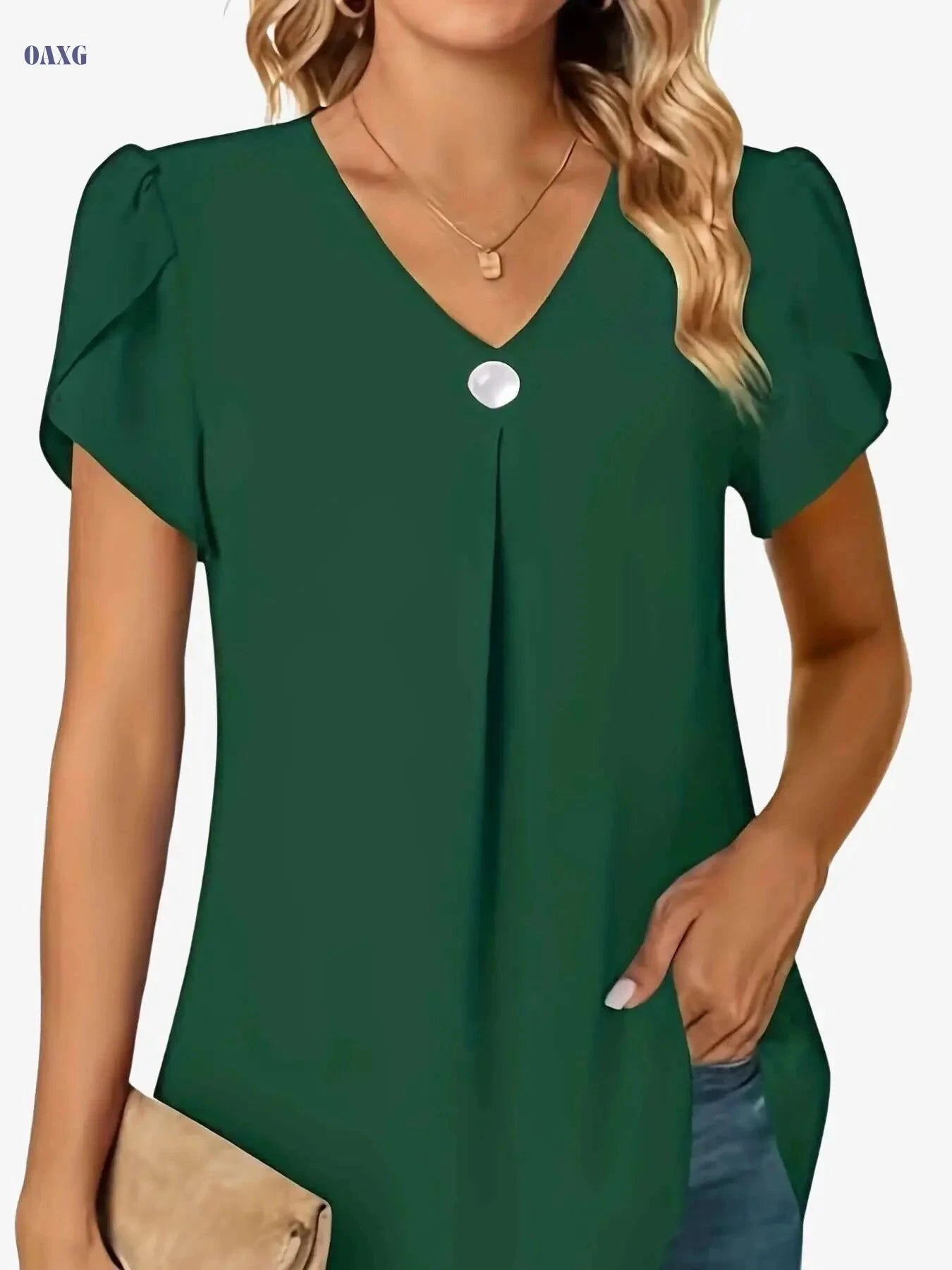 Women's Lightweight Chiffon V-Neck Blouse with Ruffled Sleeves   OAXG 