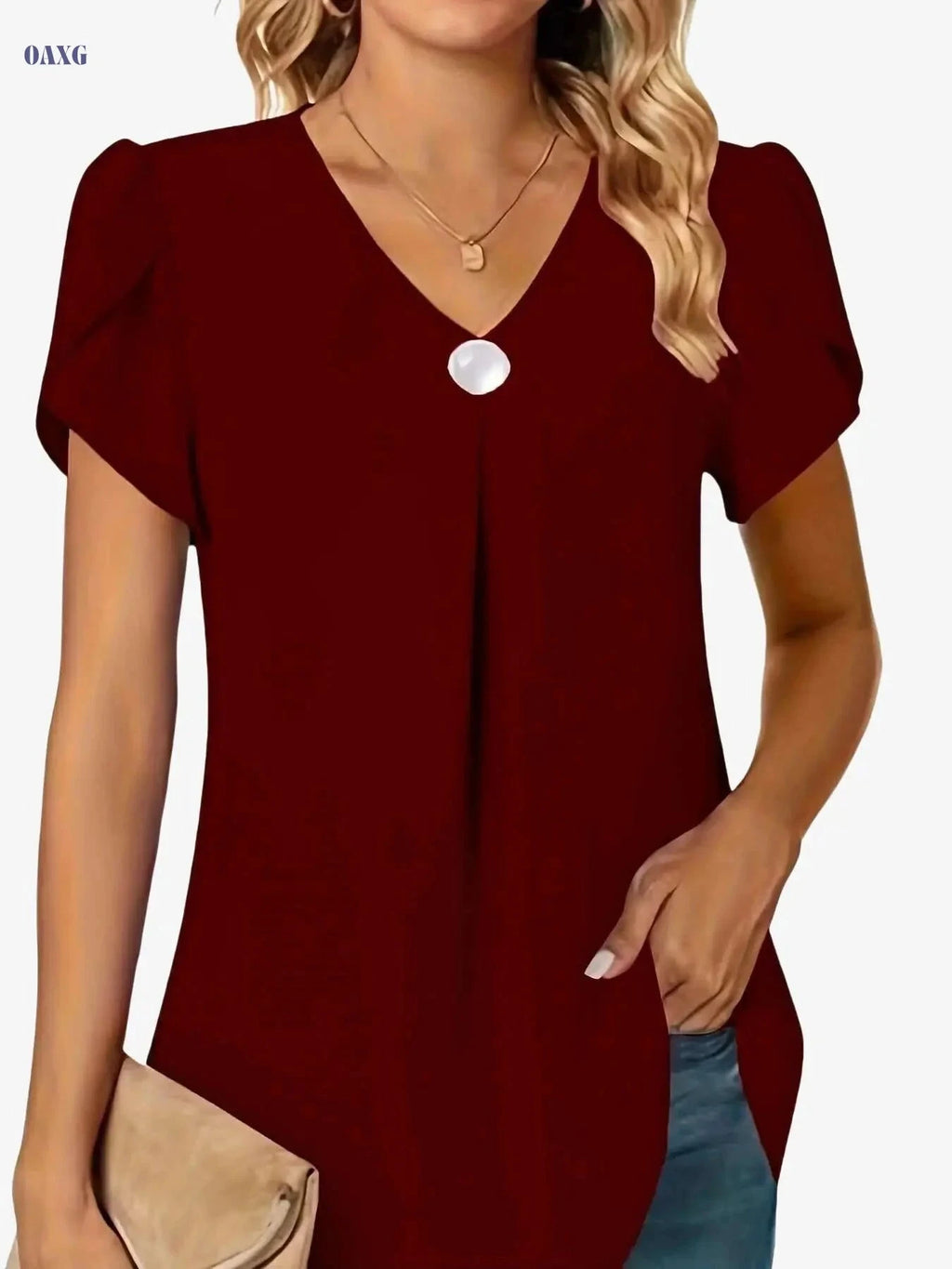 Women's Lightweight Chiffon V-Neck Blouse with Ruffled Sleeves   OAXG 