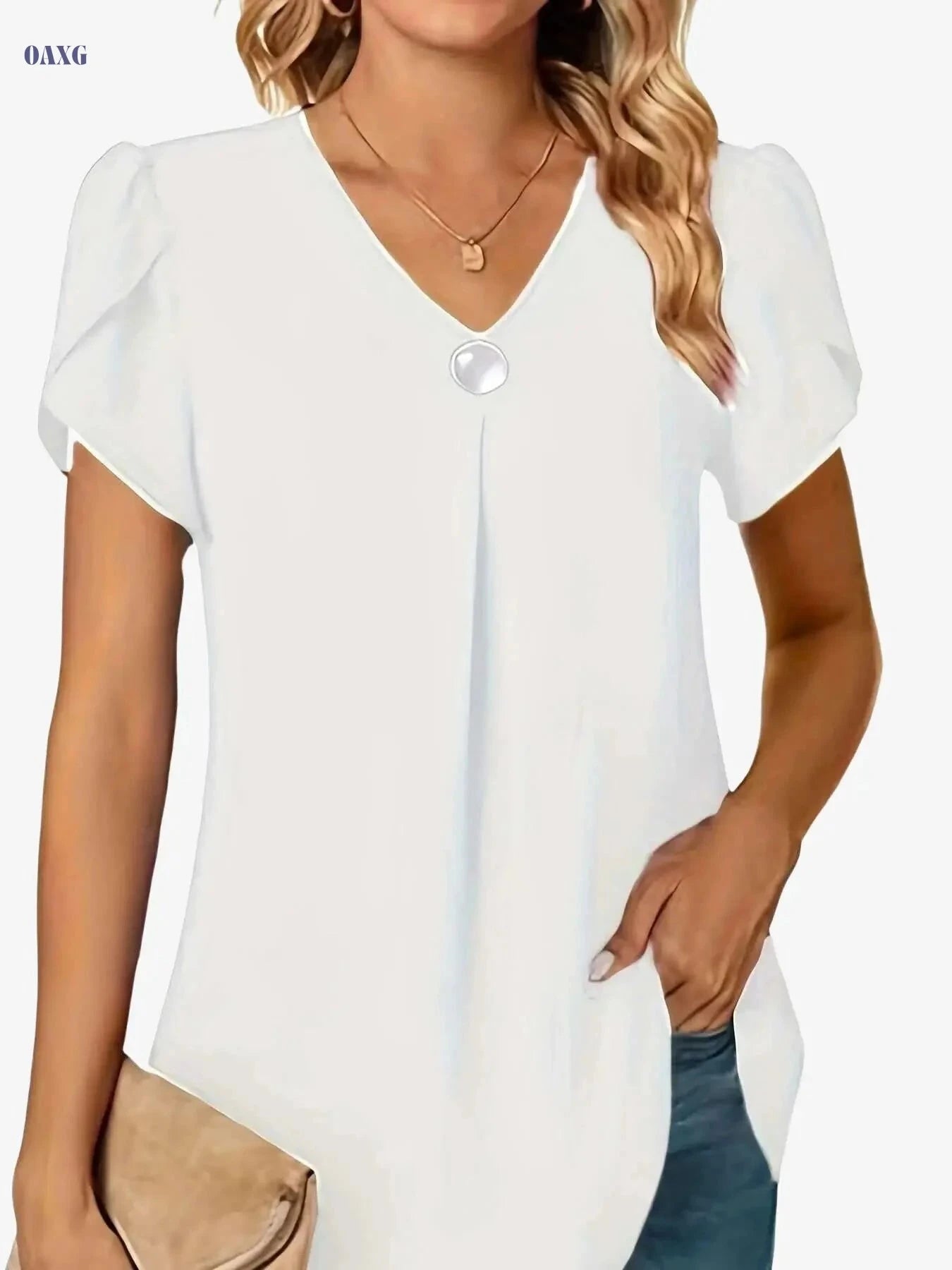 Women's Lightweight Chiffon V-Neck Blouse with Ruffled Sleeves   OAXG Sky Blue / S