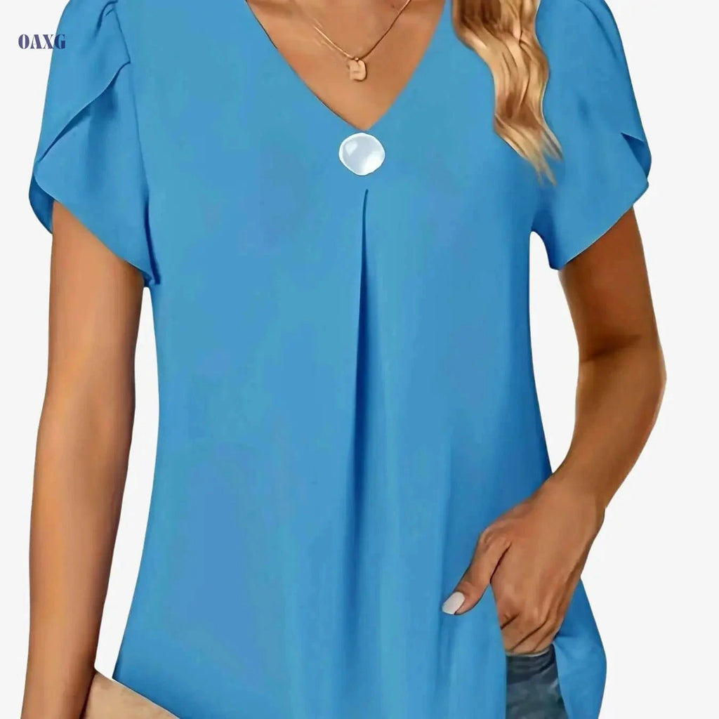 Women's Lightweight Chiffon V-Neck Blouse with Ruffled Sleeves   OAXG 