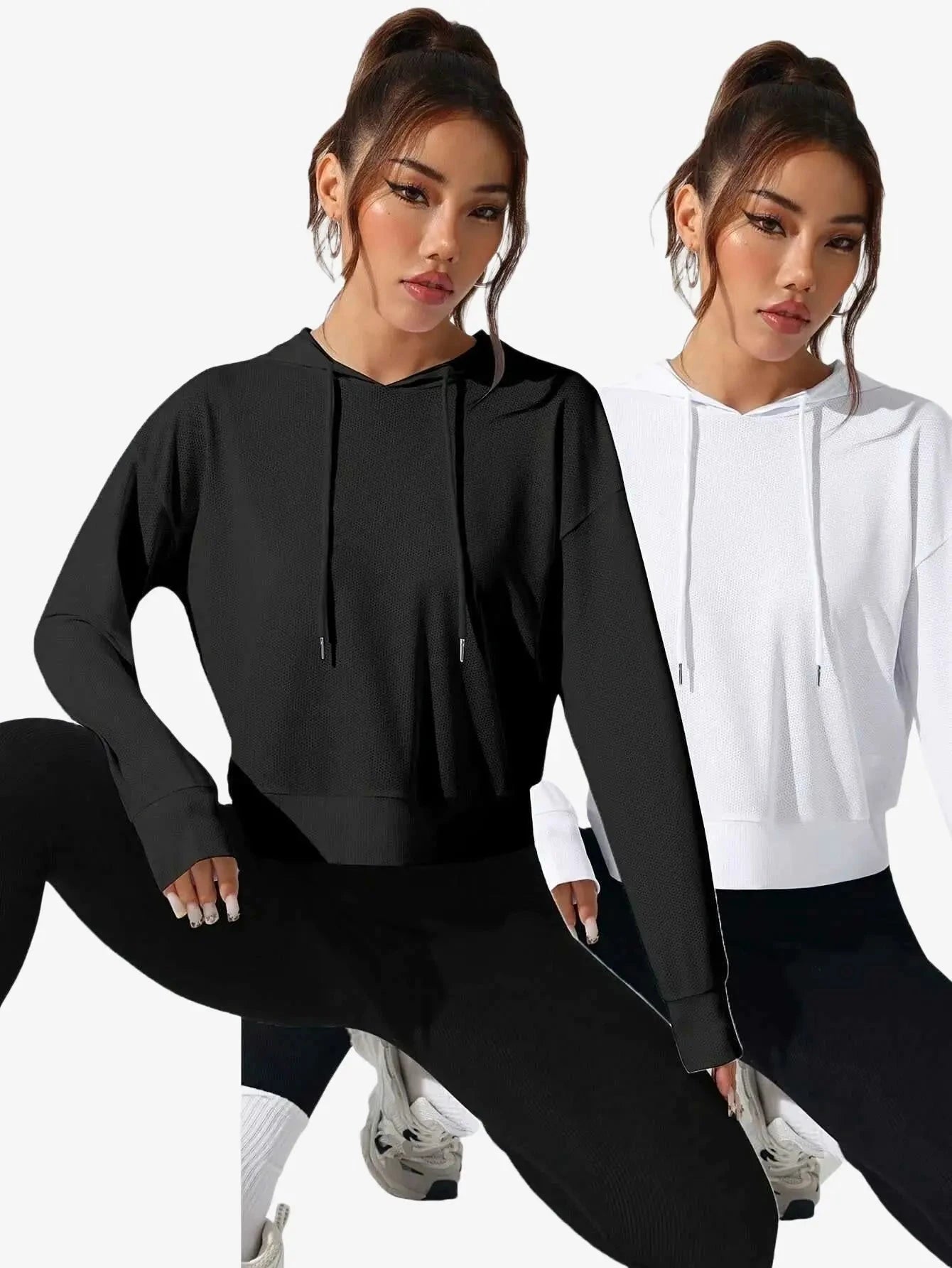 Women's Lightweight Hooded Sweatshirt - Sporty Fit with Back Cut-Out   OAXG Black And White / S