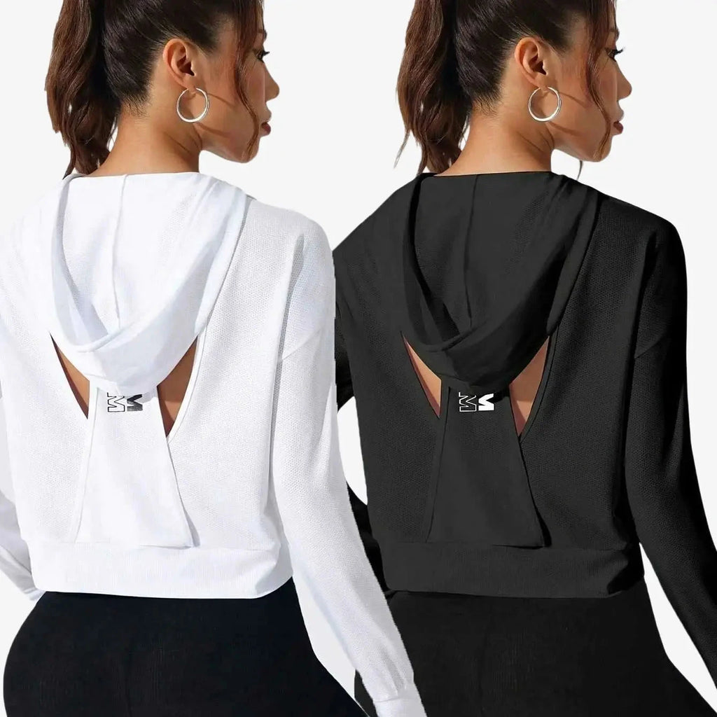 Women's Lightweight Hooded Sweatshirt - Sporty Fit with Back Cut-Out   OAXG Black And White / S