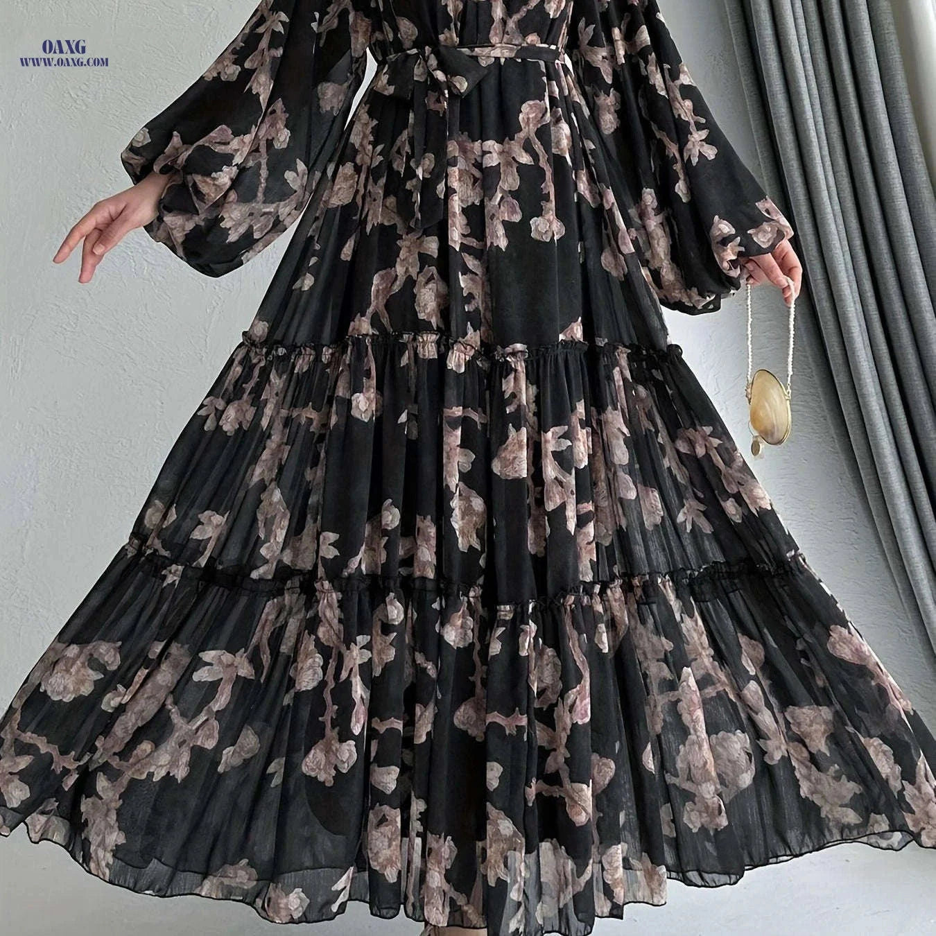 Women's Long Chiffon Printed Dress - Middle Eastern Style, Color Block   OAXG 