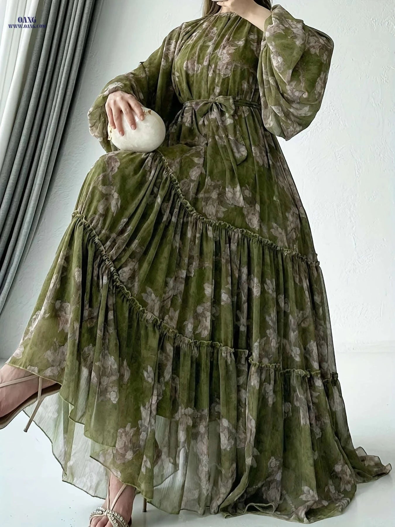 Women's Long Chiffon Printed Dress - Middle Eastern Style, Color Block   OAXG 