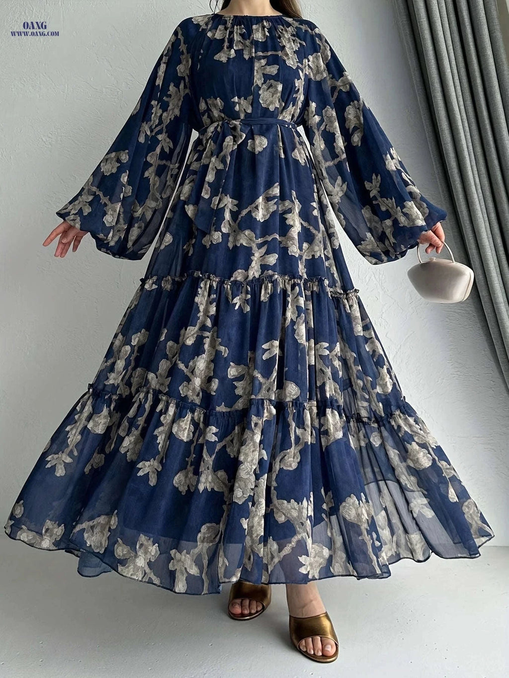 Women's Long Chiffon Printed Dress - Middle Eastern Style, Color Block   OAXG 