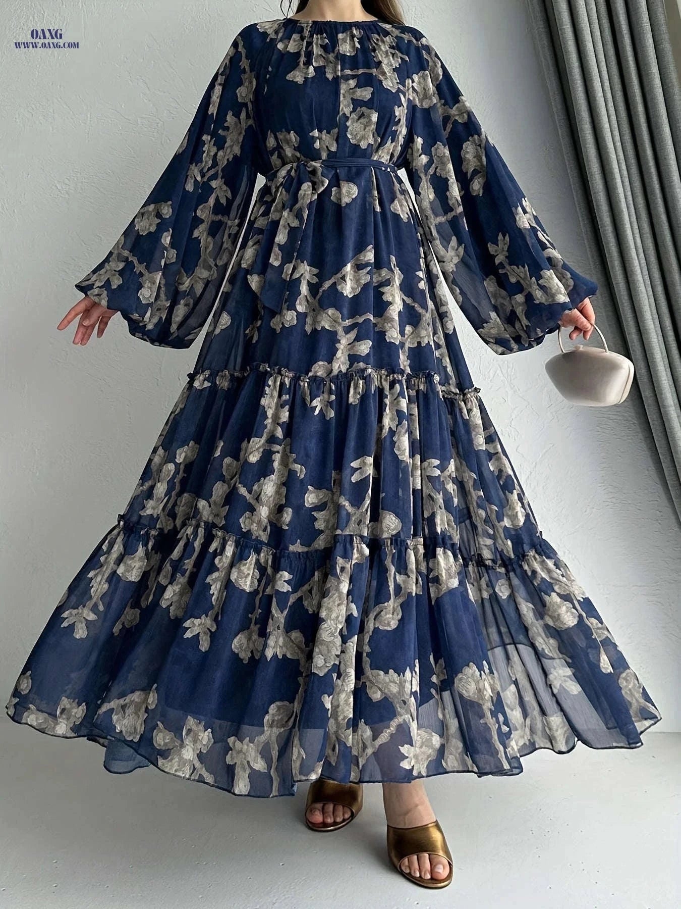 Women's Long Chiffon Printed Dress - Middle Eastern Style, Color Block   OAXG 