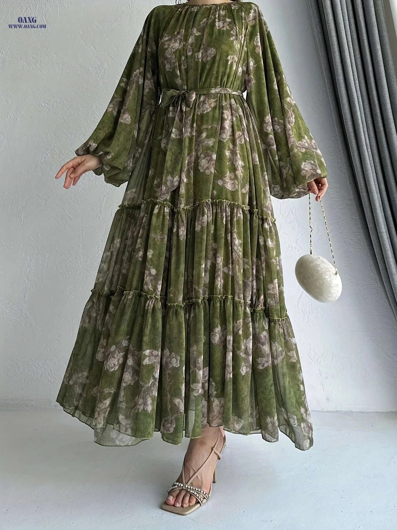 Women's Long Chiffon Printed Dress - Middle Eastern Style, Color Block   OAXG 
