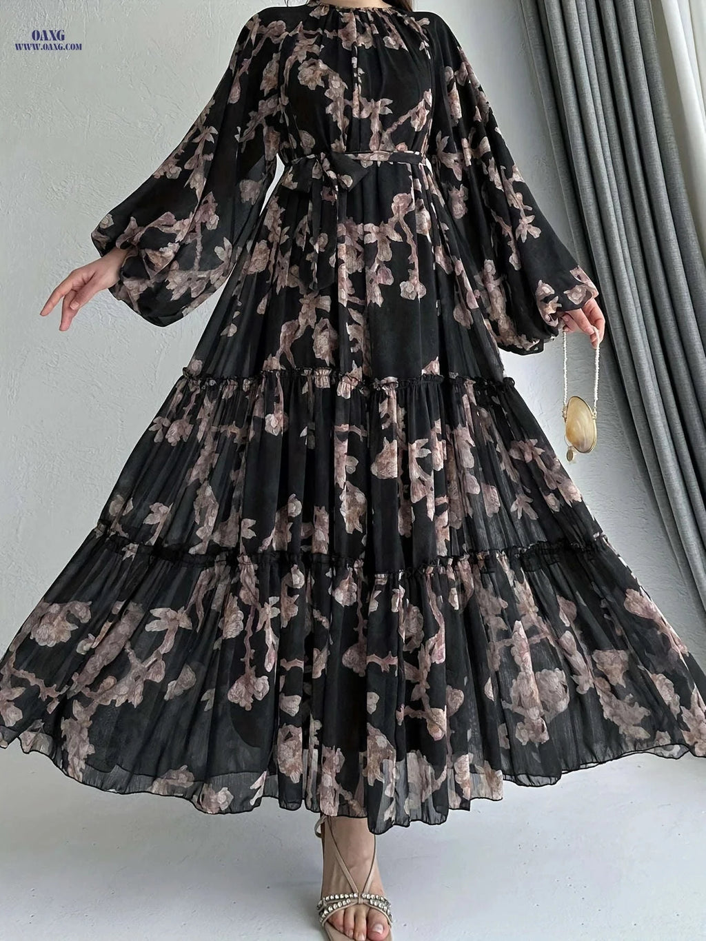 Women's Long Chiffon Printed Dress - Middle Eastern Style, Color Block   OAXG 