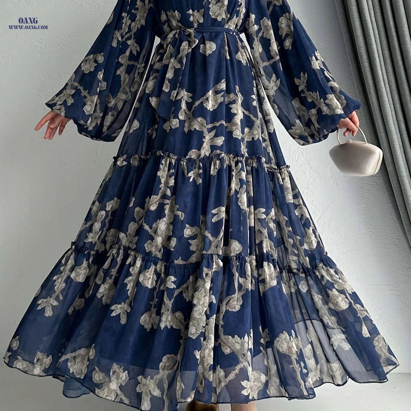 Women's Long Chiffon Printed Dress - Middle Eastern Style, Color Block   OAXG Black / S