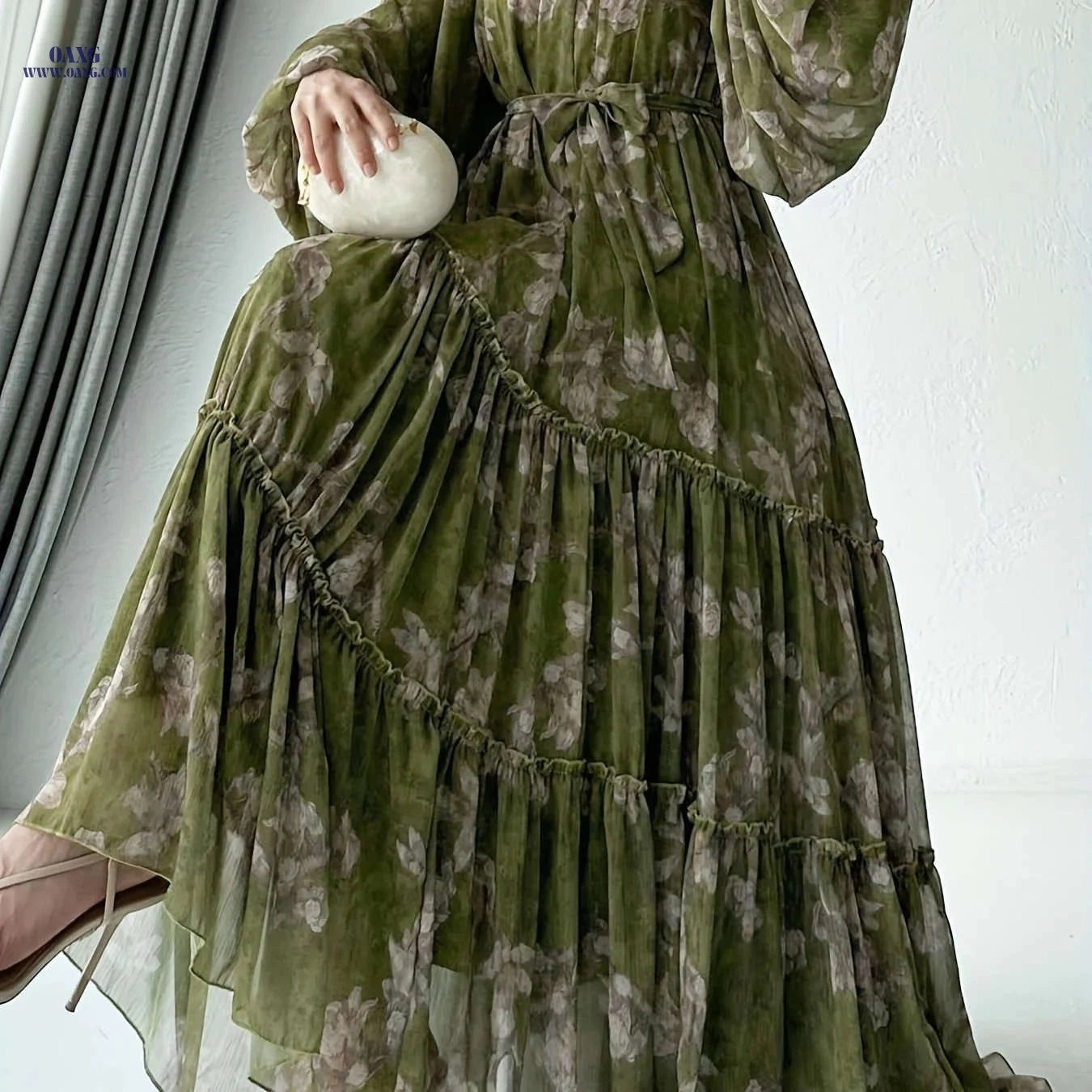 Women's Long Chiffon Printed Dress - Middle Eastern Style, Color Block   OAXG 