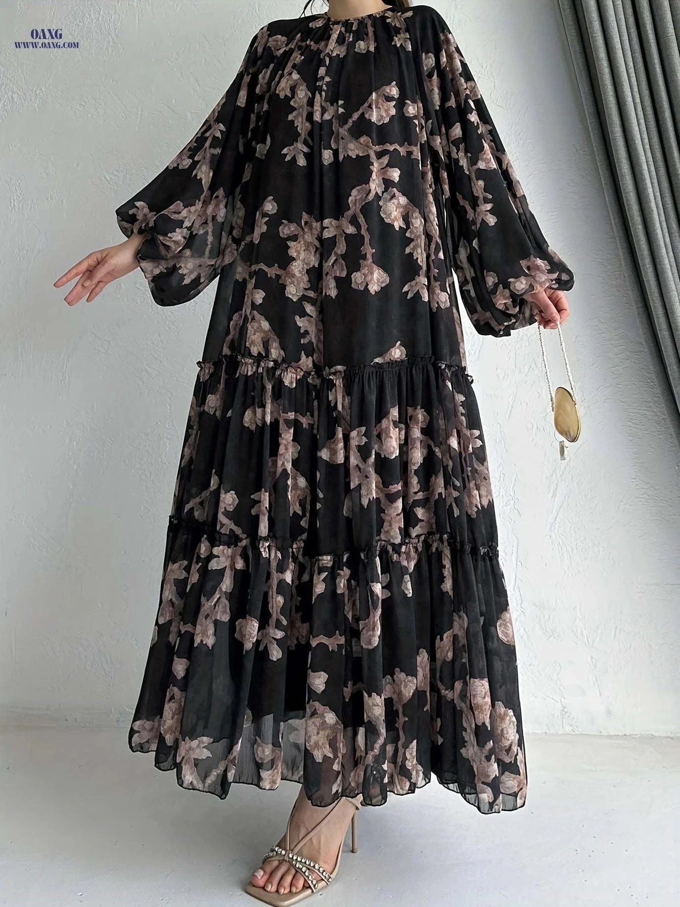 Women's Long Chiffon Printed Dress - Middle Eastern Style, Color Block   OAXG 