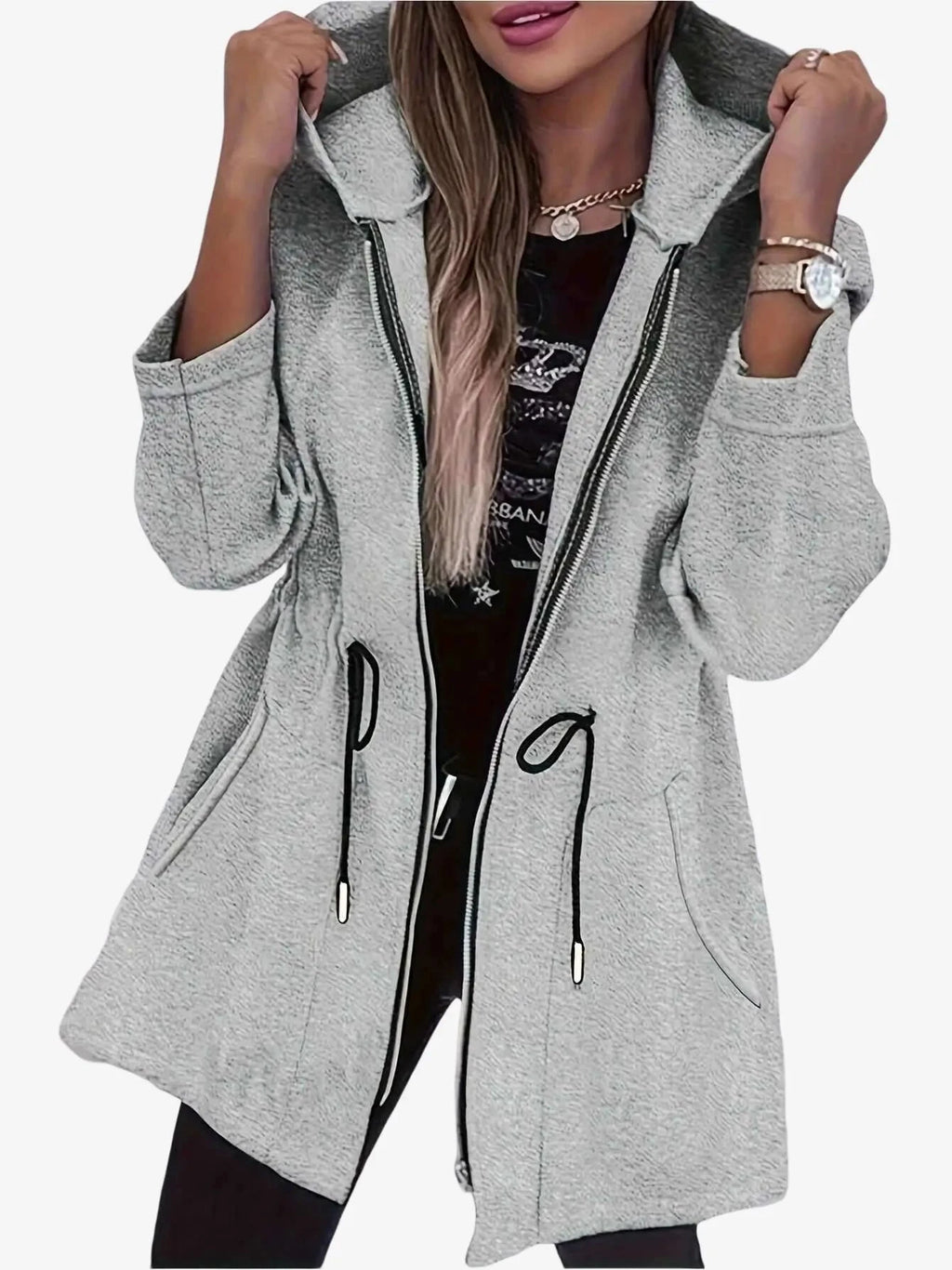 Women's Long Hooded Jacket - Sporty Zip-Up with Pockets for Fall   OAXG grey / S