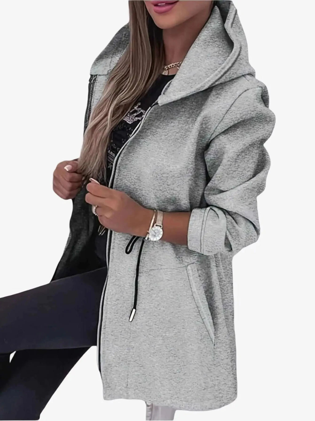 Women's Long Hooded Jacket - Sporty Zip-Up with Pockets for Fall   OAXG 