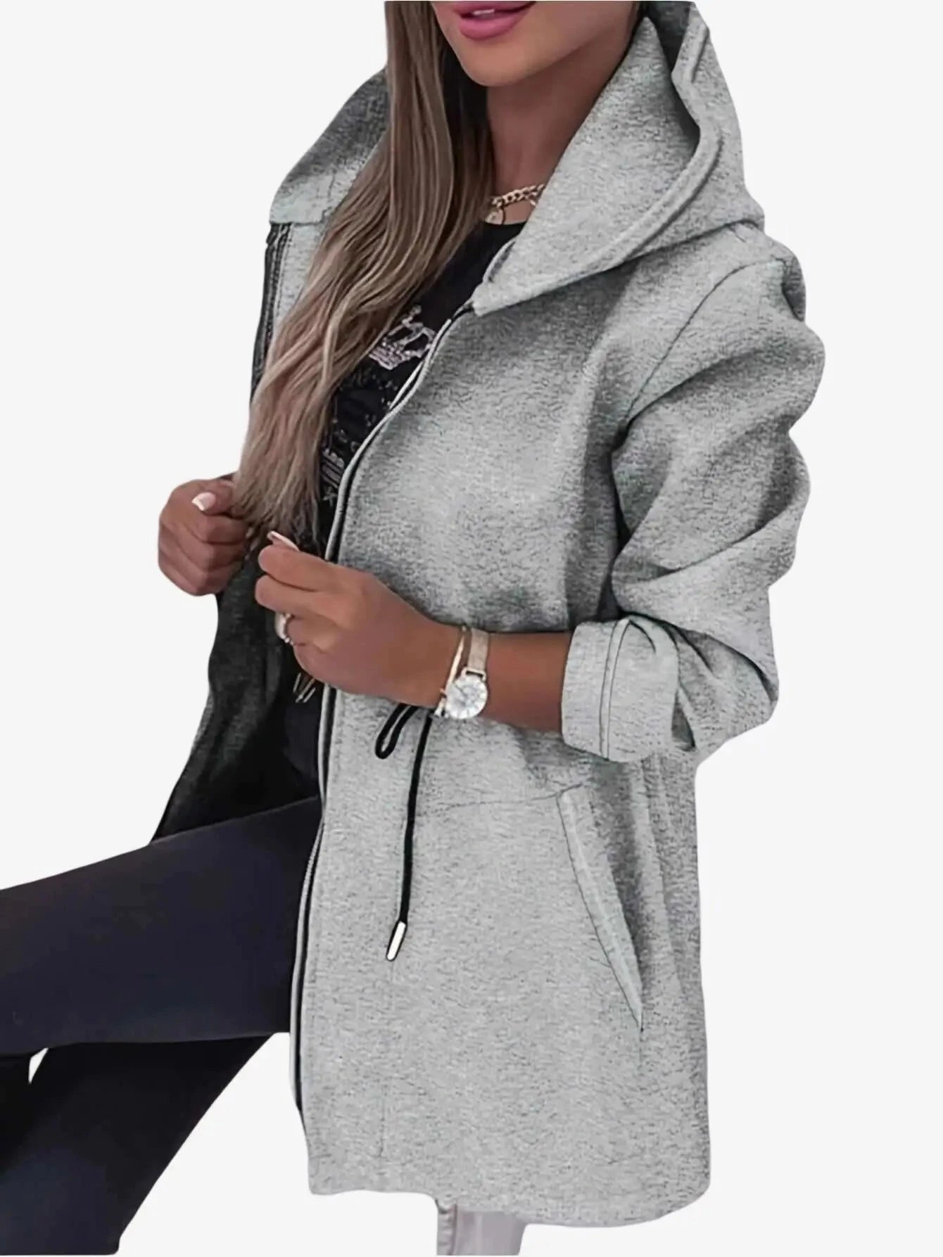 Women's Long Hooded Jacket - Sporty Zip-Up with Pockets for Fall   OAXG 