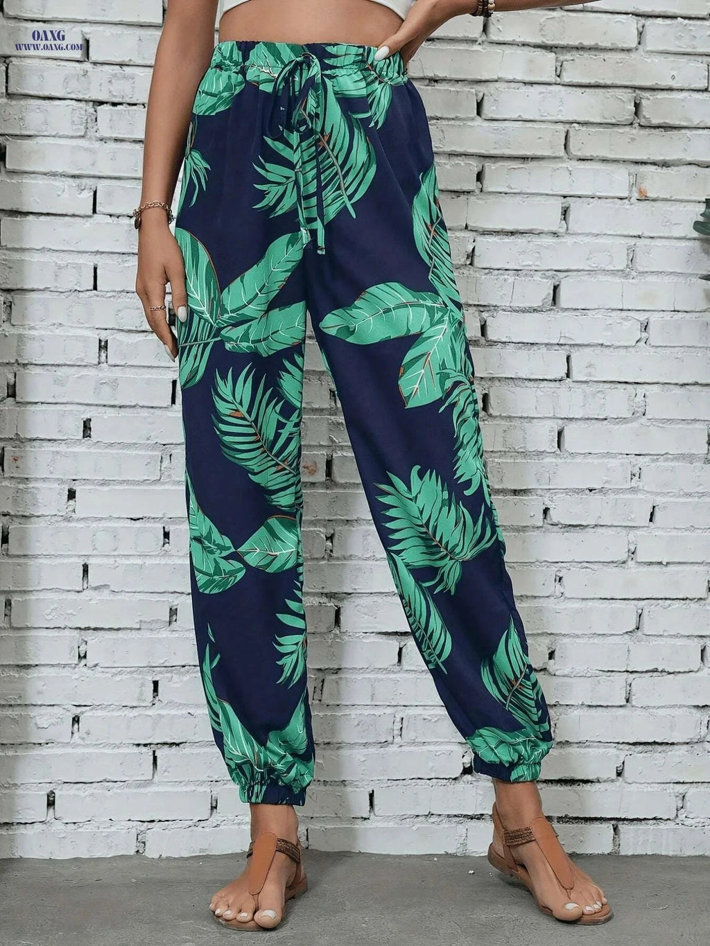 Women's Long Jogger Pants - Stylish Plant Print for Spring/Summer   OAXG Black / S