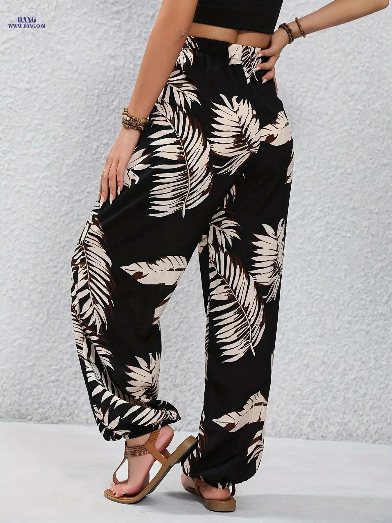 Women's Long Jogger Pants - Stylish Plant Print for Spring/Summer   OAXG Black / S