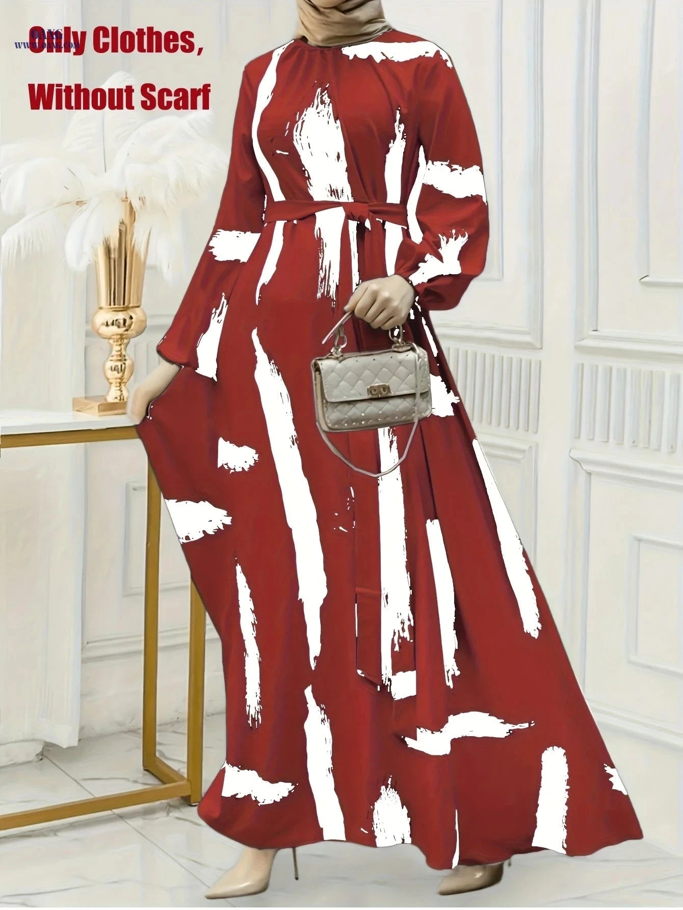 Women's Long Kaftan Dress - Elegant Print, Stand Collar, All Seasons   OAXG 