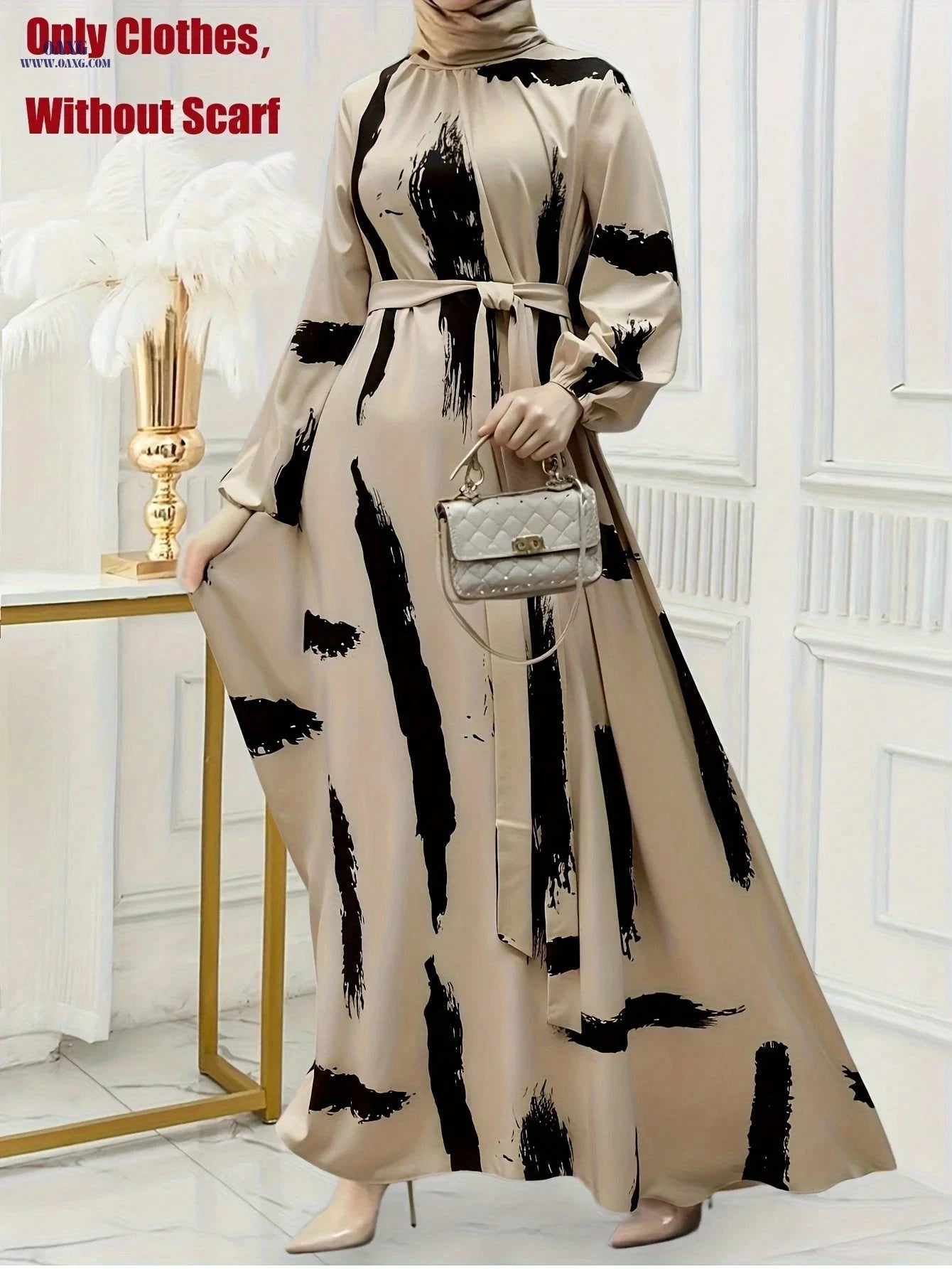 Women's Long Kaftan Dress - Elegant Print, Stand Collar, All Seasons   OAXG 