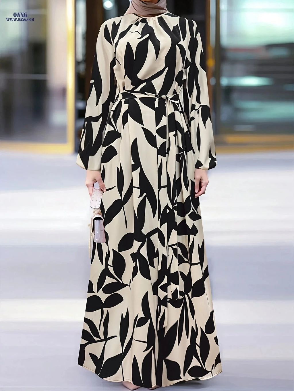 Women's Long Kaftan Dress - Elegant Print, Stand Collar, All Seasons   OAXG 