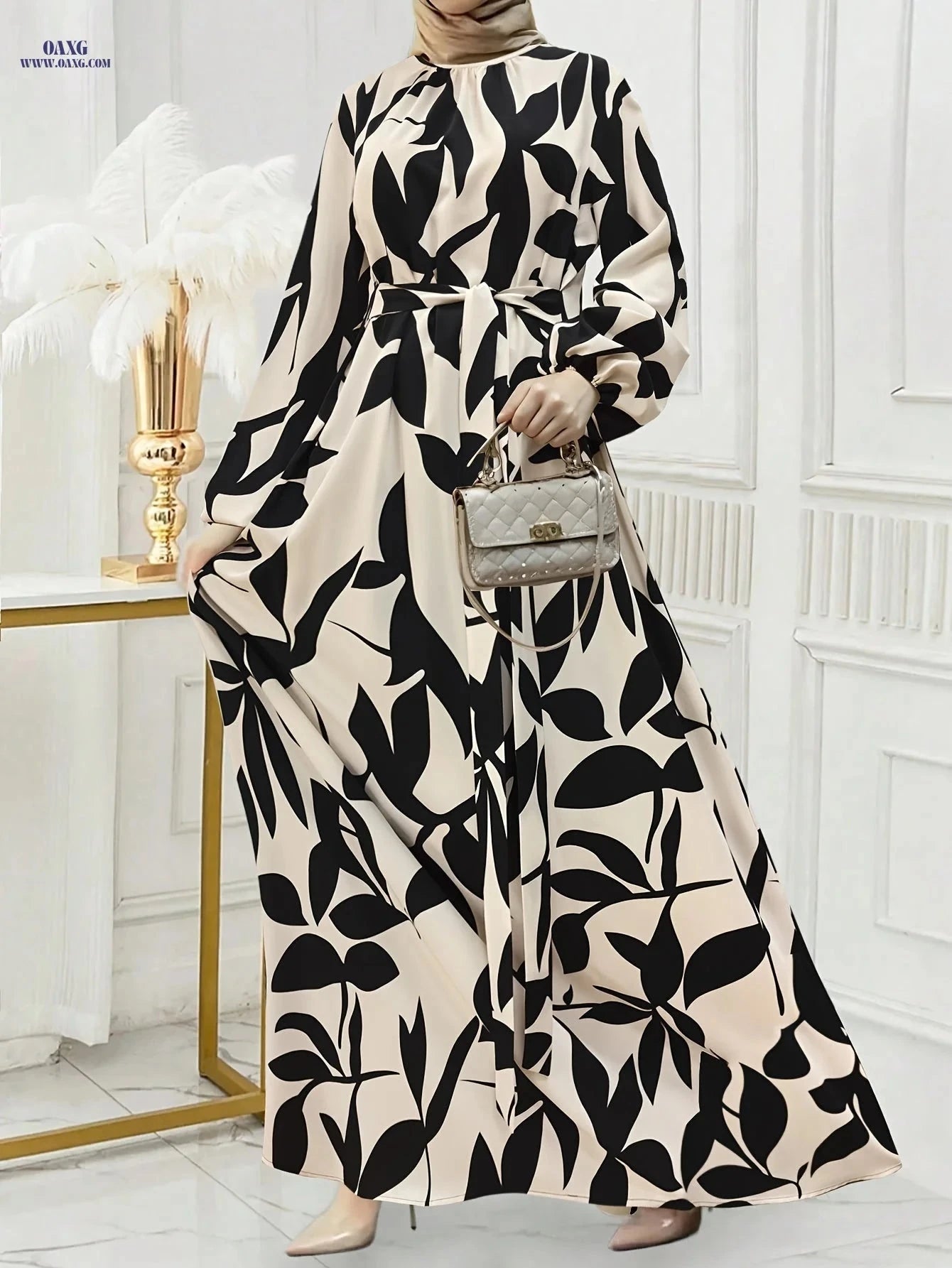 Women's Long Kaftan Dress - Elegant Print, Stand Collar, All Seasons   OAXG 【Multicolor】 / S