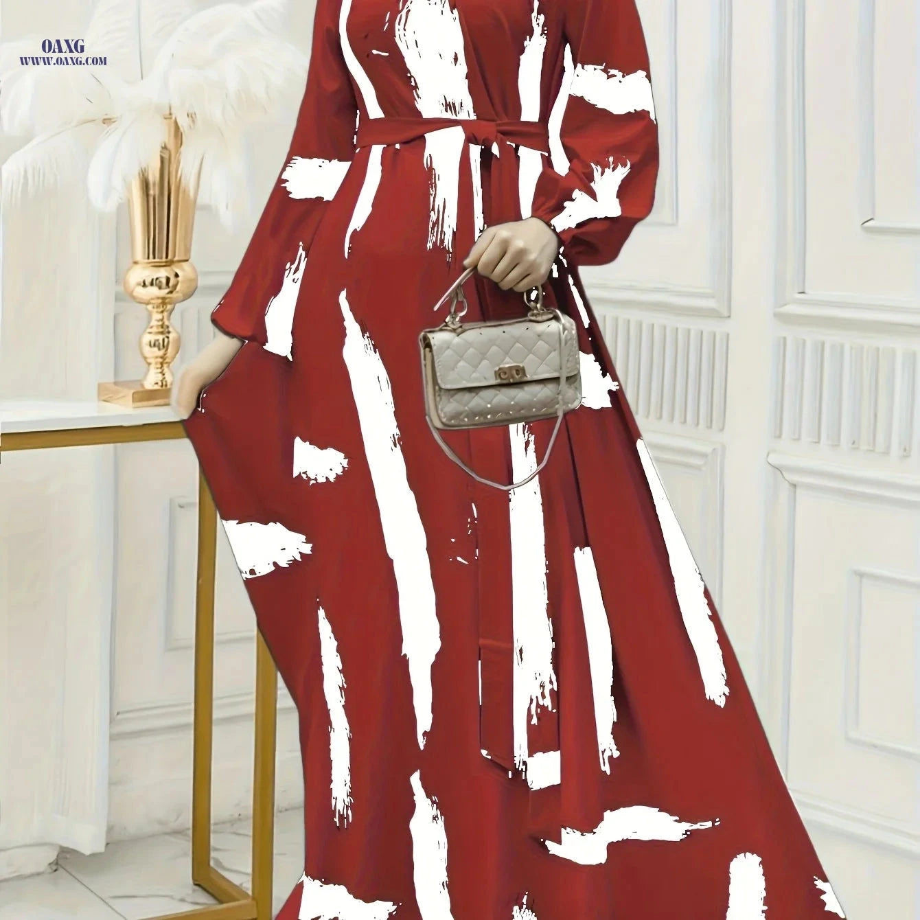 Women's Long Kaftan Dress - Elegant Print, Stand Collar, All Seasons   OAXG 
