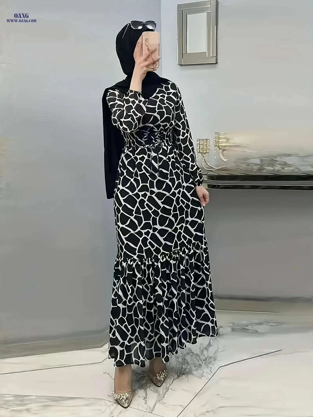 Women's Long Printed Arabic Dress - Casual Spring & Autumn Style   OAXG 
