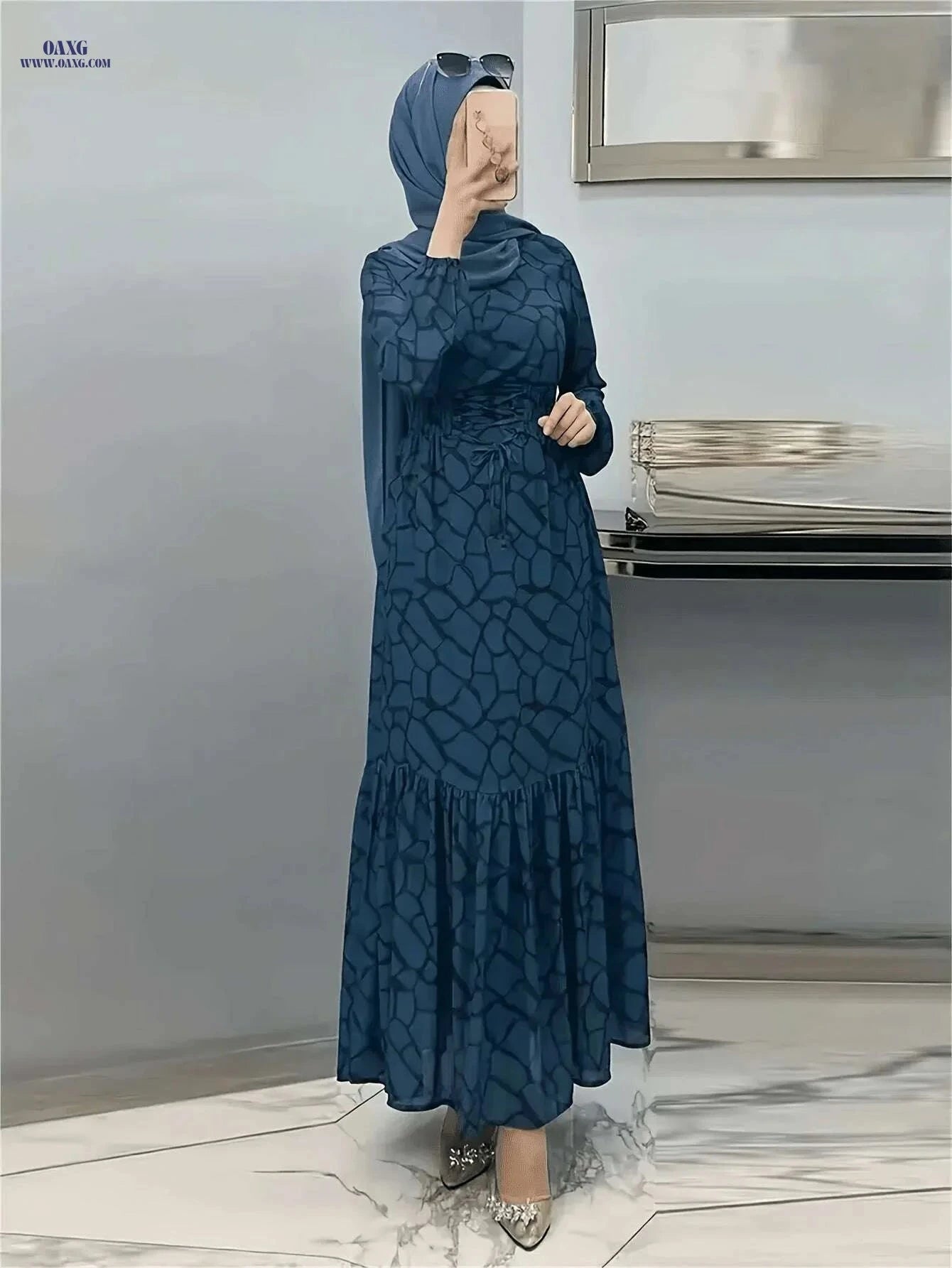 Women's Long Printed Arabic Dress - Casual Spring & Autumn Style   OAXG Black / S