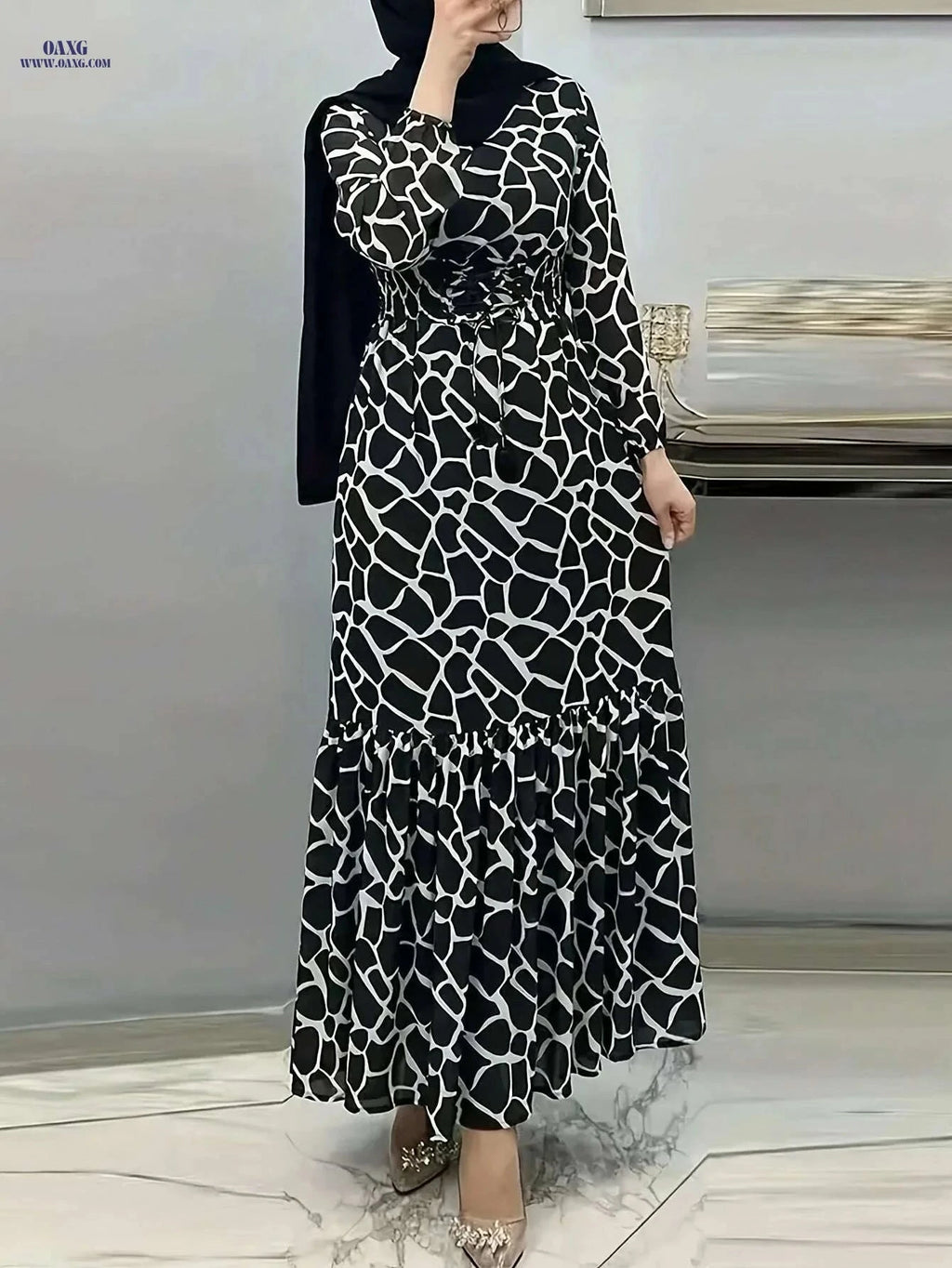 Women's Long Printed Arabic Dress - Casual Spring & Autumn Style   OAXG Black / S