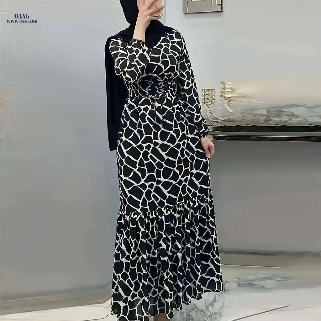 Women's Long Printed Arabic Dress - Casual Spring & Autumn Style   OAXG Black / S