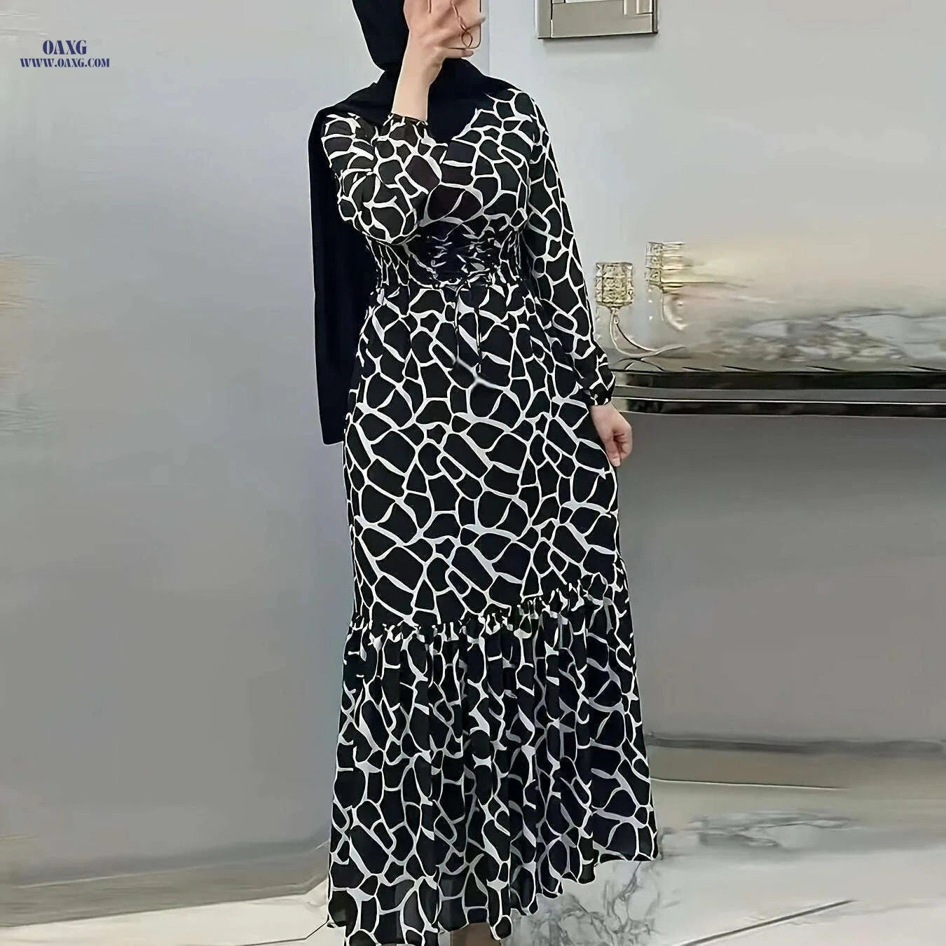 Women's Long Printed Arabic Dress - Casual Spring & Autumn Style   OAXG Black / S