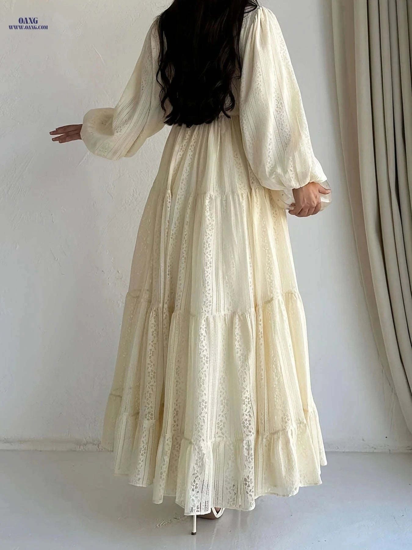 Women's Long Sleeve Abaya Dress - Elegant Lace Overlay, Floor-Length   OAXG 