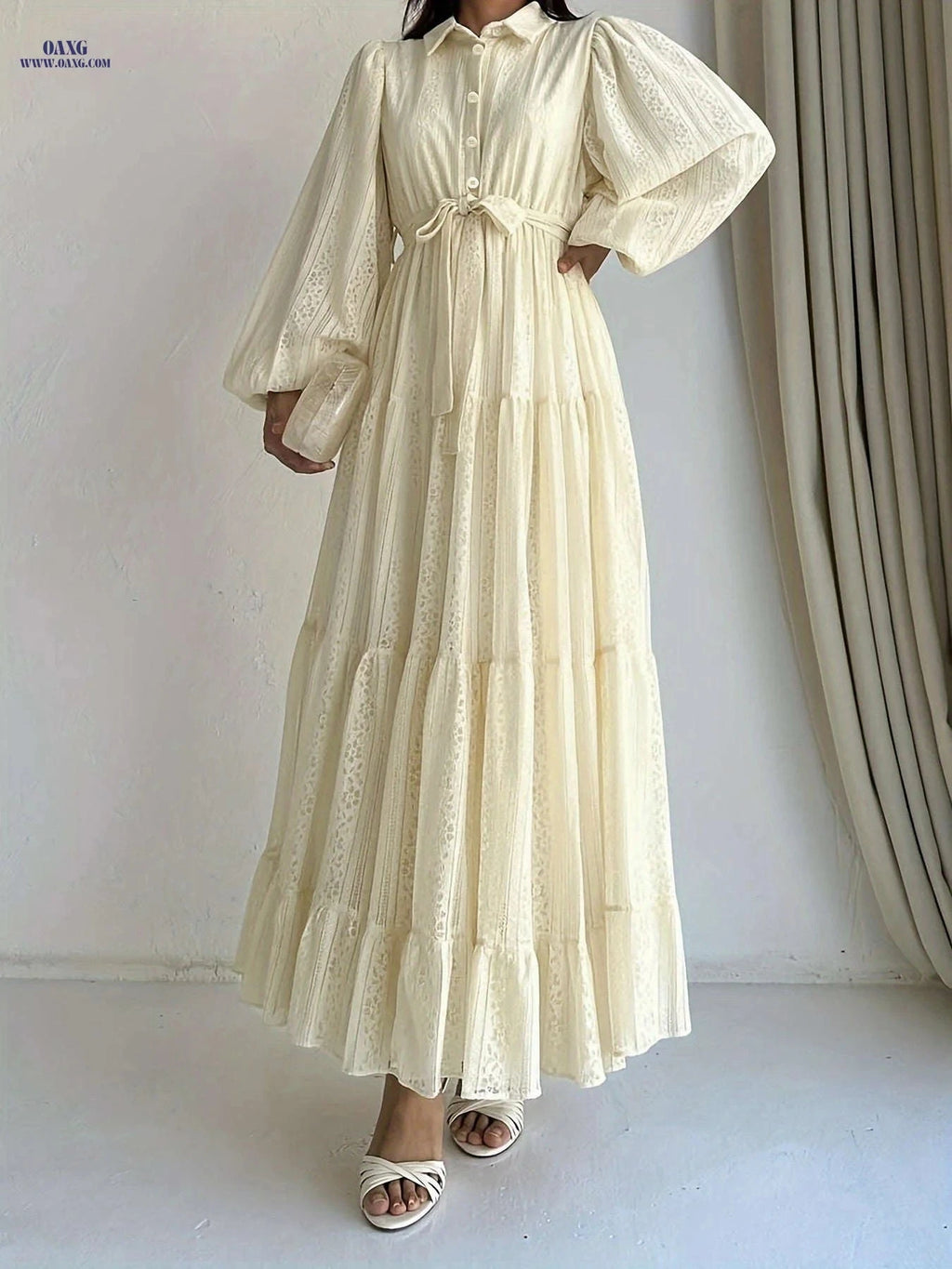 Women's Long Sleeve Abaya Dress - Elegant Lace Overlay, Floor-Length   OAXG 