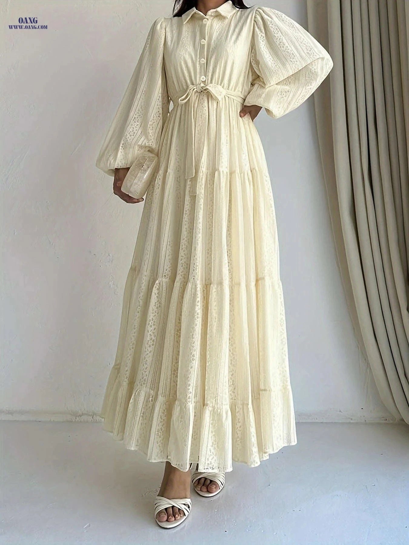 Women's Long Sleeve Abaya Dress - Elegant Lace Overlay, Floor-Length   OAXG 